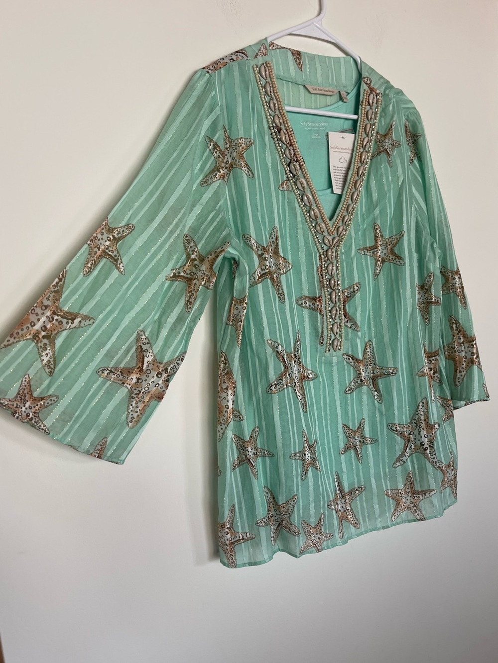 NWT Soft Surroundings Starfish Seashells Beaded Stella Marina Top Green Large